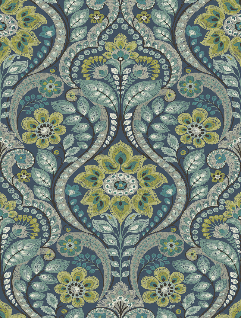Night Bloom Damask Wallpaper Wallpaper A-Street Prints Double Roll Navy 