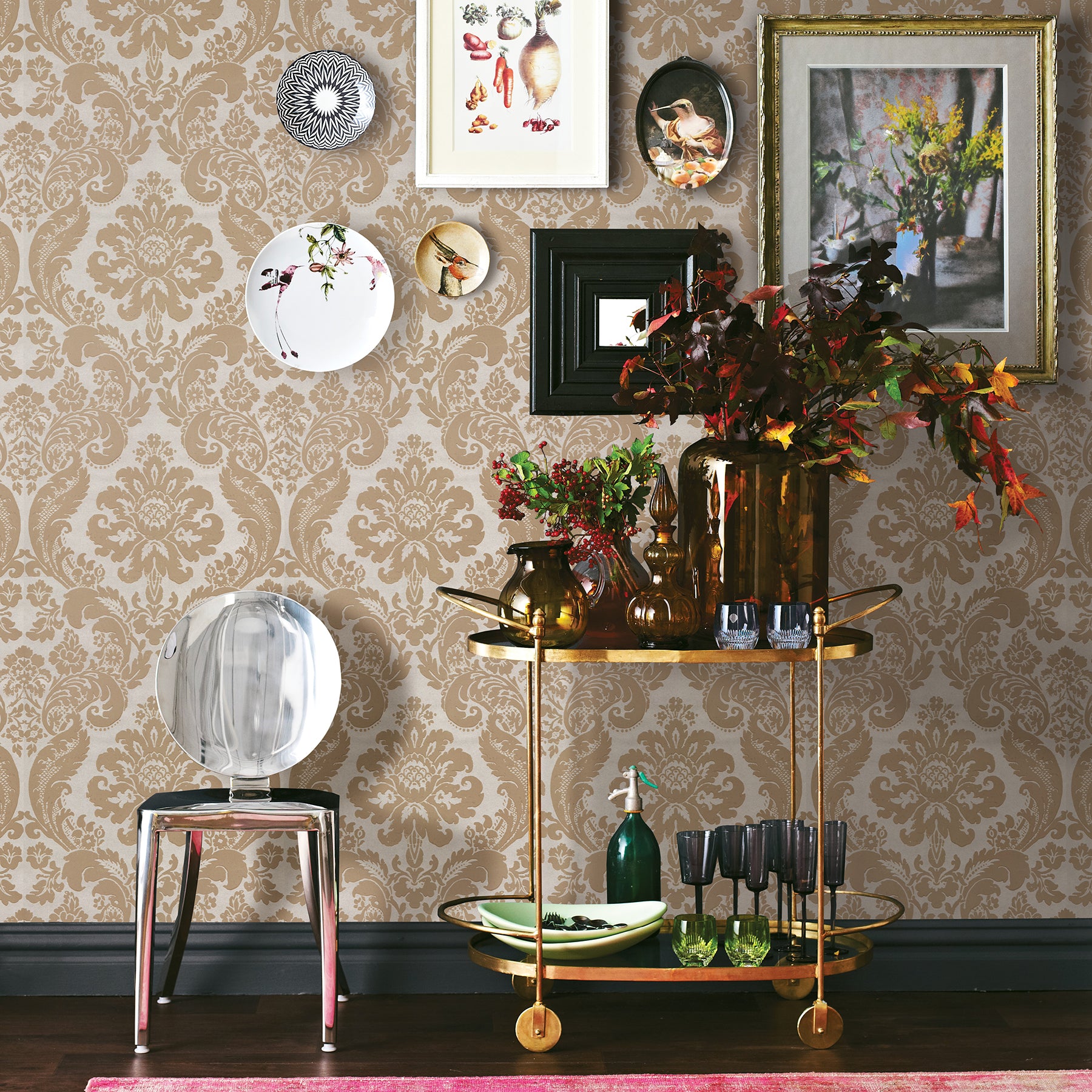 Shadow Flocked Damask Wallpaper Wallpaper A-Street Prints   
