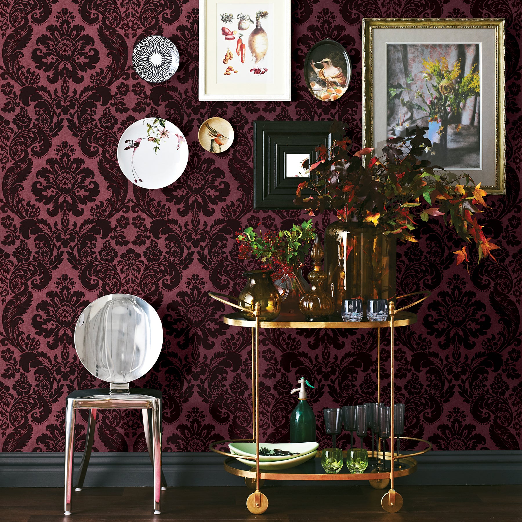 Shadow Flocked Damask Wallpaper Wallpaper A-Street Prints   