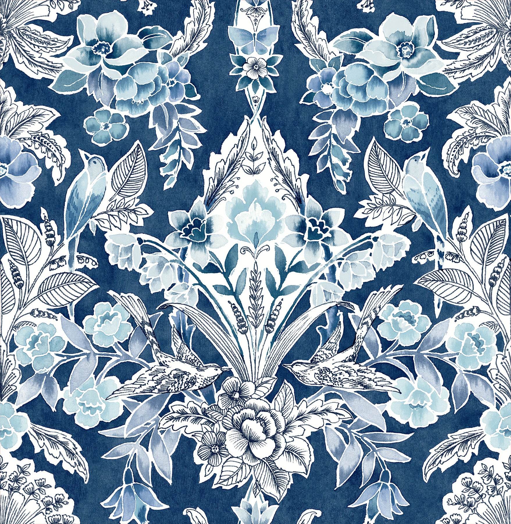 Vera Floral Damask Wallpaper Wallpaper A-Street Prints Double Roll Blue 