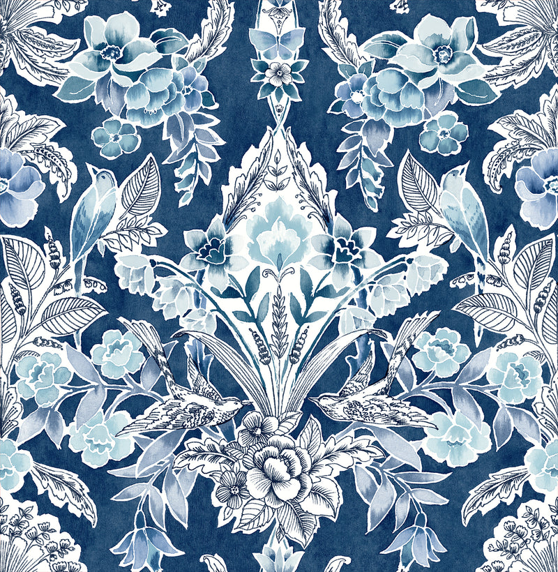 Vera Floral Damask Wallpaper Wallpaper A-Street Prints Double Roll Blue 