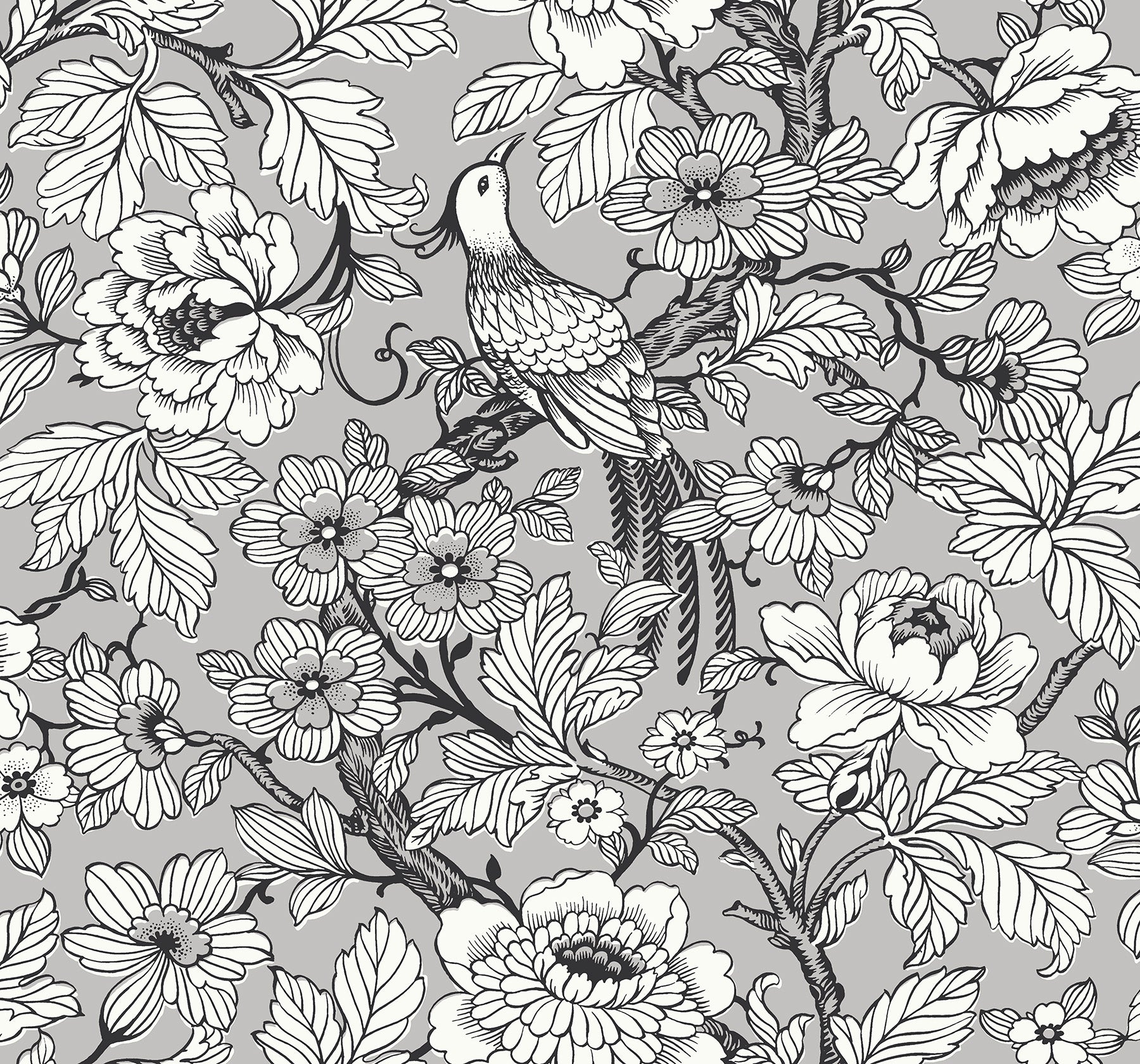 Beaufort Dove Peony Chinoiserie Wallpaper Wallpaper A-Street Prints Double Roll Silver 