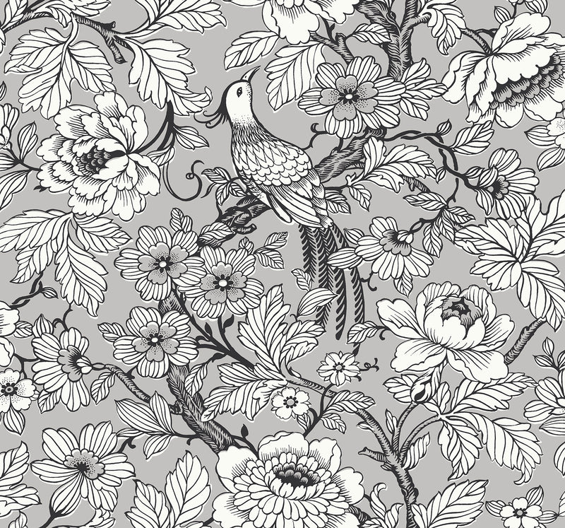 Beaufort Dove Peony Chinoiserie Wallpaper Wallpaper A-Street Prints Double Roll Silver 