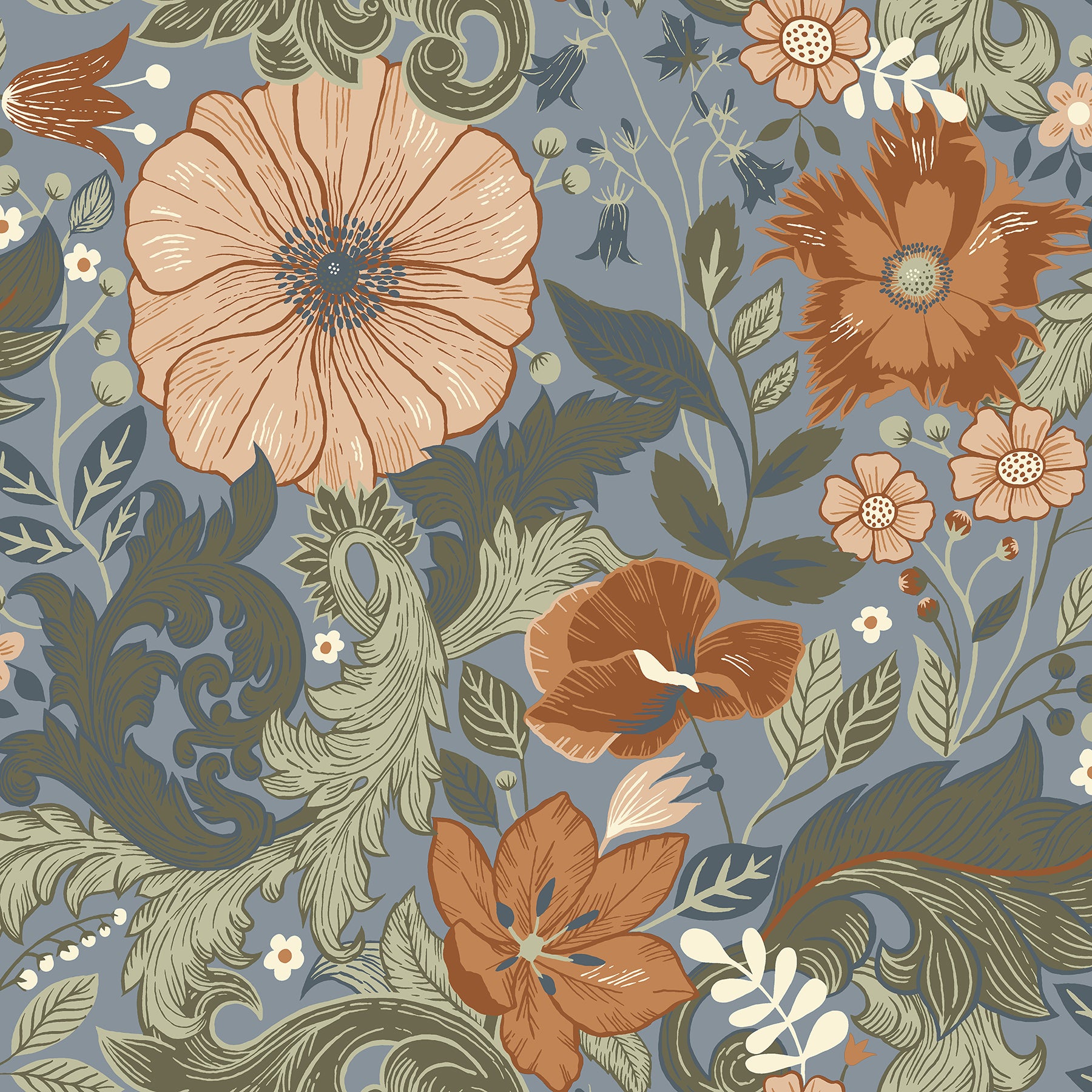 Victoria Pastel Floral Nouveau Wallpaper Wallpaper A-Street Prints Double Roll Blue 