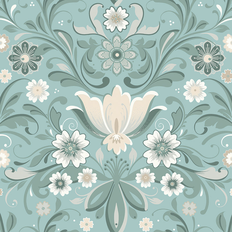 Ostanskar Light Retro Floral Wallpaper Wallpaper A-Street Prints Double Roll Turquoise 