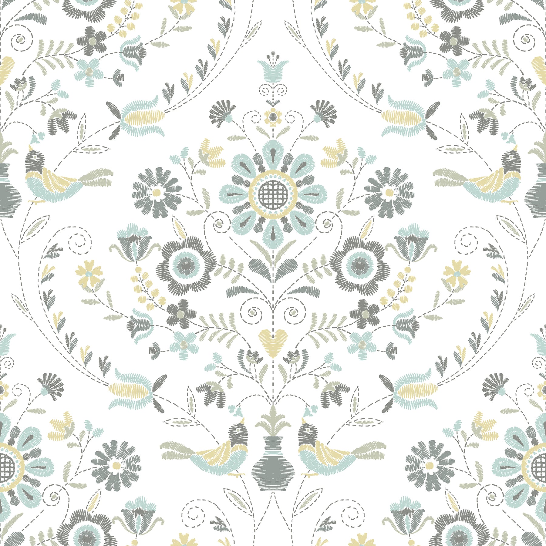 Britt Sea EmbroideDamask Wallpaper Wallpaper A-Street Prints Double Roll Sea Green 