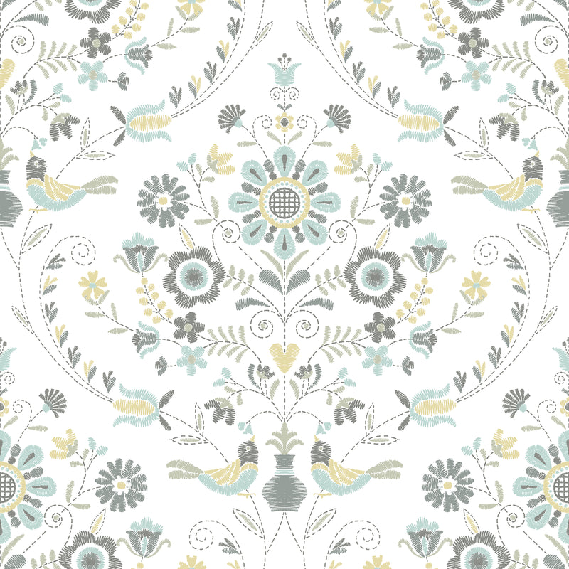 Britt Sea EmbroideDamask Wallpaper Wallpaper A-Street Prints Double Roll Sea Green 