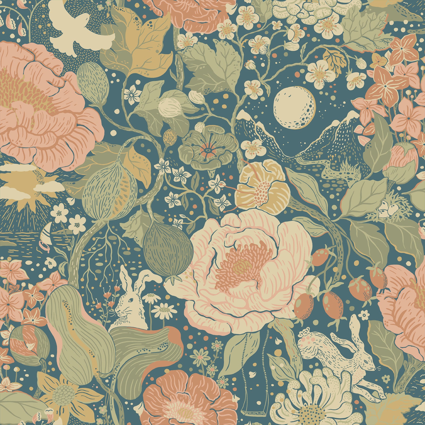 Vaxa Rabbits and Rosehips Wallpaper Wallpaper A-Street Prints Double Roll Teal 