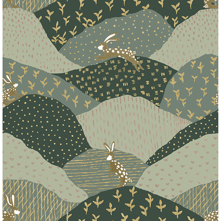 Peter Light Grey Rabbit Fields Wallpaper Wallpaper A-Street Prints Double Roll Green 