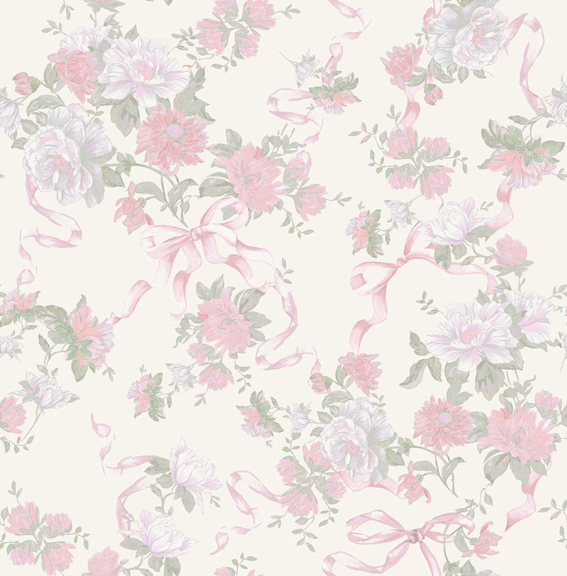 Cabbage Rose Bow Pretty in Ribbons and Roses Wallpaper Wallpaper A-Street Prints Double Roll Pretty in Pink 