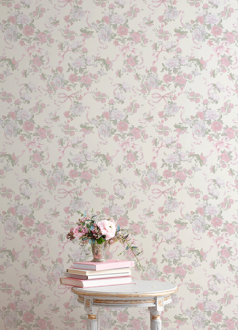 Cabbage Rose Bow Pretty in Ribbons and Roses Wallpaper Wallpaper A-Street Prints   