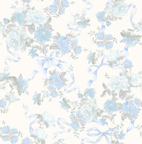 Cabbage Rose Bow Pretty in Ribbons and Roses Wallpaper Wallpaper A-Street Prints Double Roll Dusty River Blue 