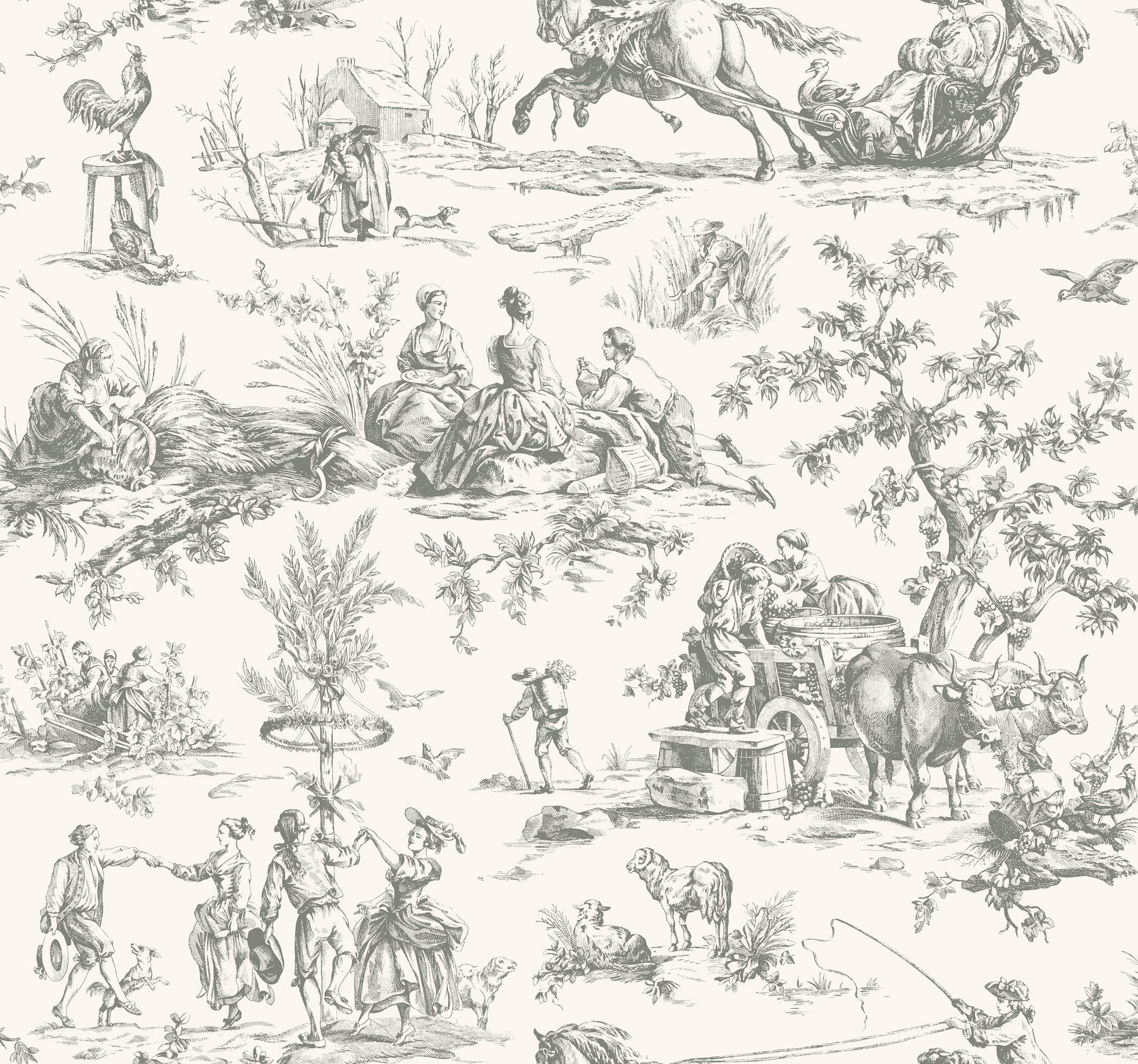 Seasons Toile Wallpaper Wallpaper York Wallcoverings Double Roll Grey 