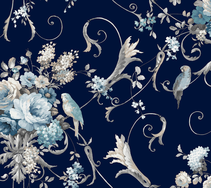 Parrots with Floral Bouquets Premium Peel + Stick Wallpaper Peel and Stick Wallpaper York Roll Navy 