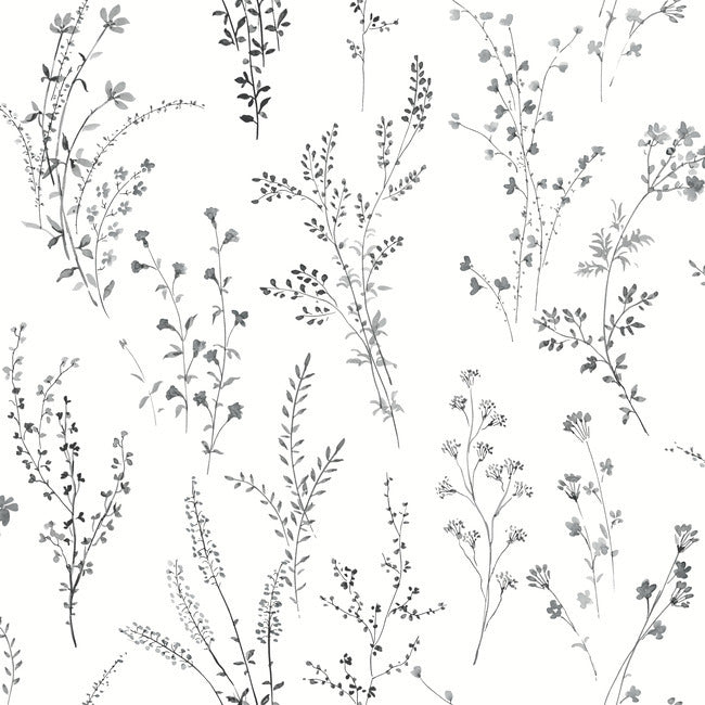 Wildflower Sprigs Premium Peel + Stick Wallpaper Peel and Stick Wallpaper York Wallcoverings Roll Black & White 