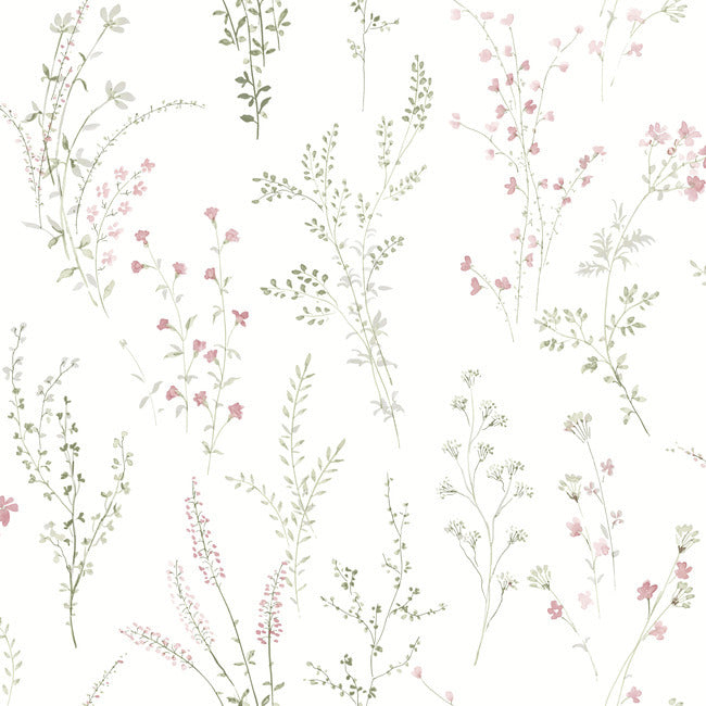 Wildflower Sprigs Premium Peel + Stick Wallpaper Peel and Stick Wallpaper York Wallcoverings Roll Pink/Green/Grey 
