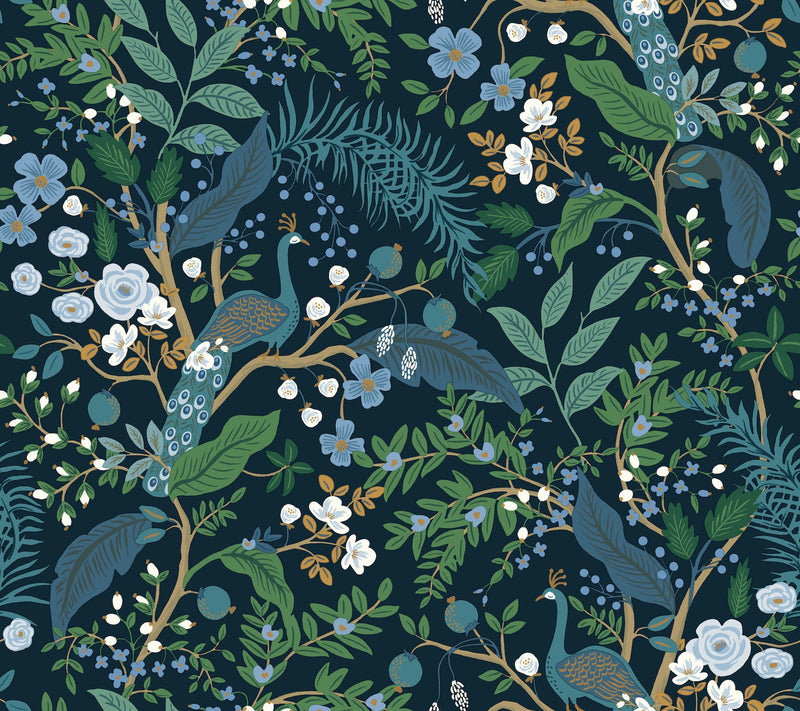 Peacock Garden Peel + Stick Wallpaper Peel and Stick Wallpaper Rifle Paper Co. Roll Navy 