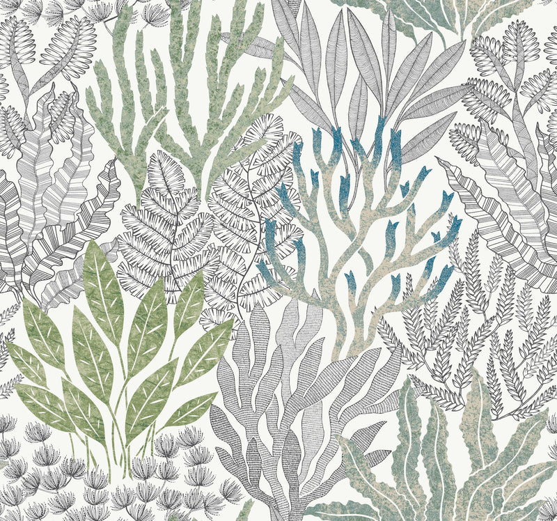 Coral Leaves Wallpaper Wallpaper York Wallcoverings Double Roll Blue/Green 