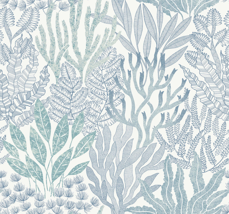 Coral Leaves Wallpaper Wallpaper York Wallcoverings Double Roll Blue/Aqua 