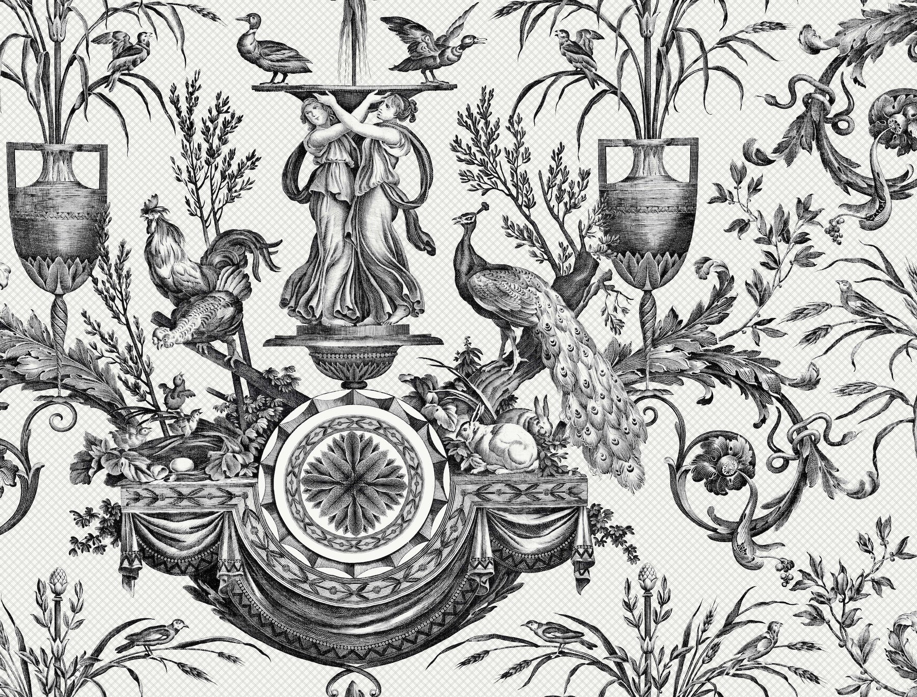 Avian Fountain Toile Wallpaper Wallpaper York Wallcoverings Double Roll Black 