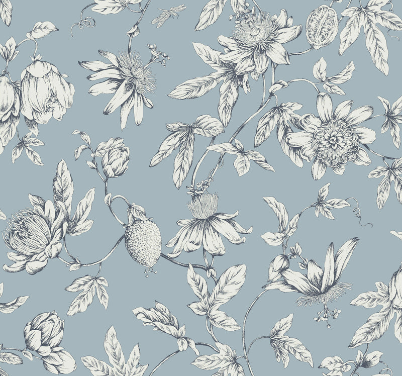 Passion Flower Toile Wallpaper Wallpaper York Wallcoverings Double Roll Sky 