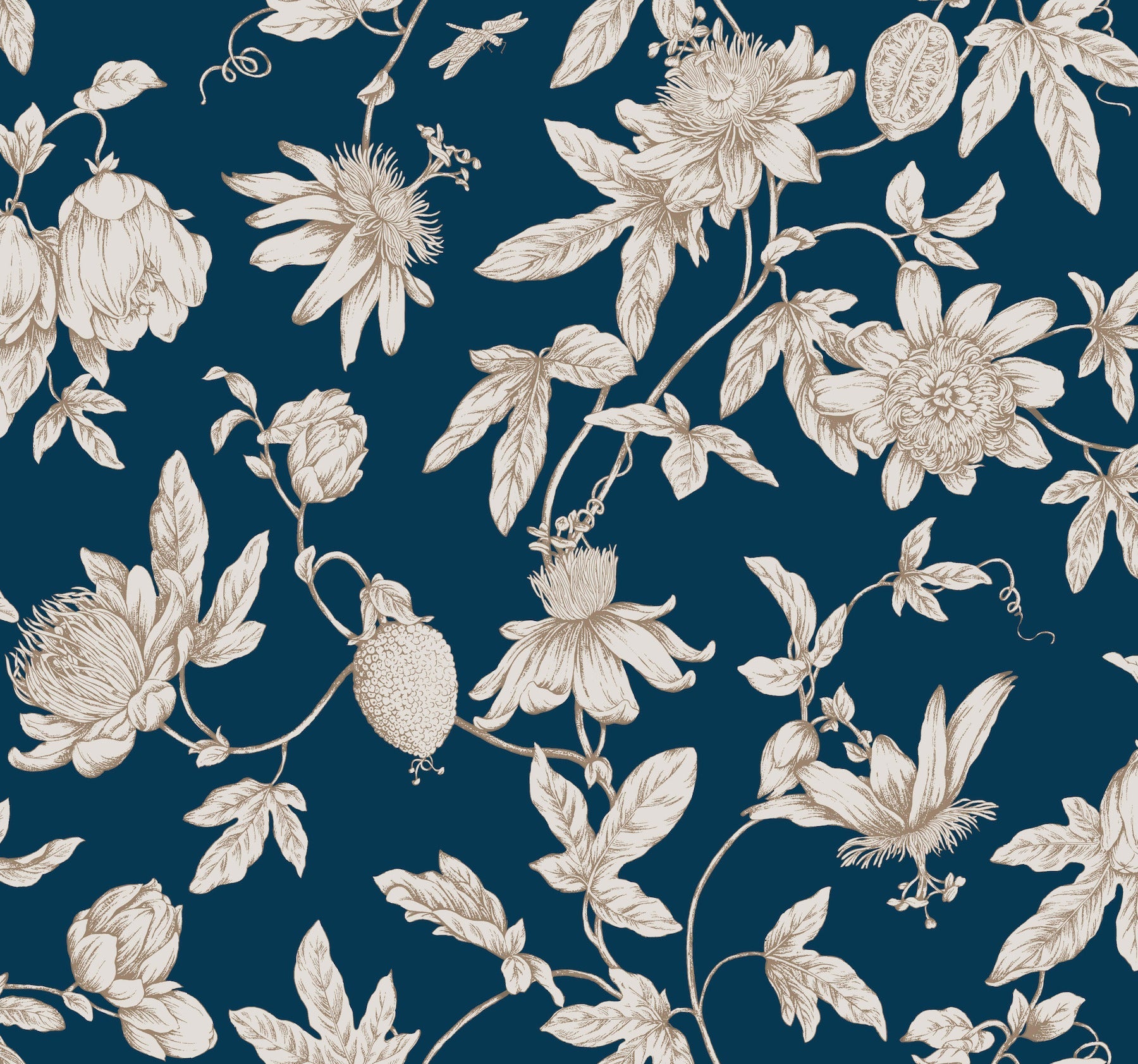 Passion Flower Toile Wallpaper Wallpaper York Wallcoverings Double Roll Navy 