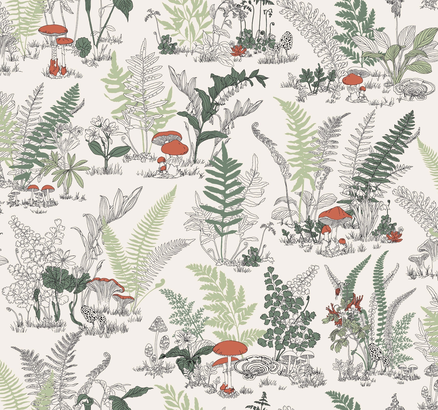 RT7891 Red & Green Mushroom Garden Toile Wallpaper