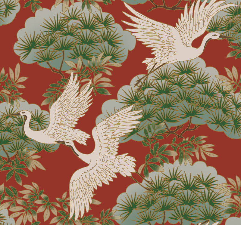 Sprig and Heron Wallpaper Wallpaper Ronald Redding Roll Red