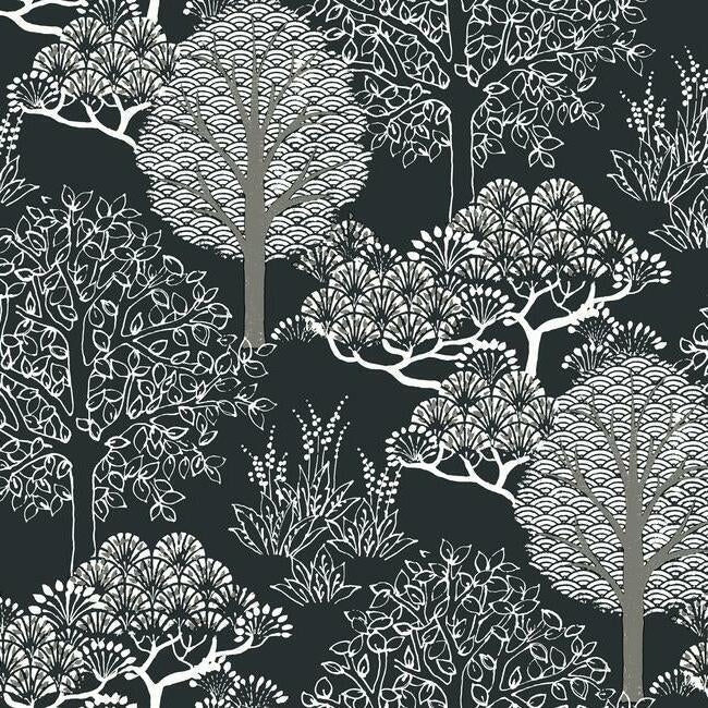 Kimono Trees Wallpaper Wallpaper York Double Roll Black/Metallic 