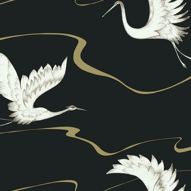 Soaring Cranes Wallpaper Wallpaper York Double Roll Black/Gold 