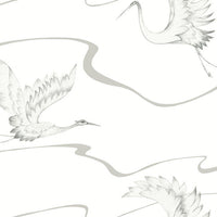 Soaring Cranes Wallpaper Wallpaper York Double Roll White/Warm Silver 