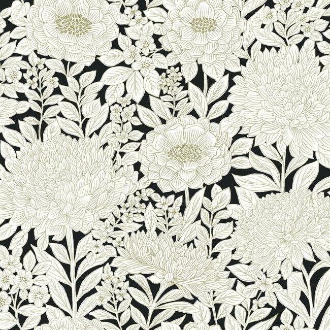Wood Block Blooms Wallpaper Wallpaper York Double Roll Black/Gold 