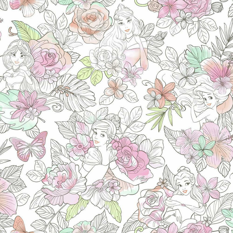 Disney Princess Royal Floral Peel and Stick Wallpaper Peel and Stick Wallpaper RoomMates Roll Pink 