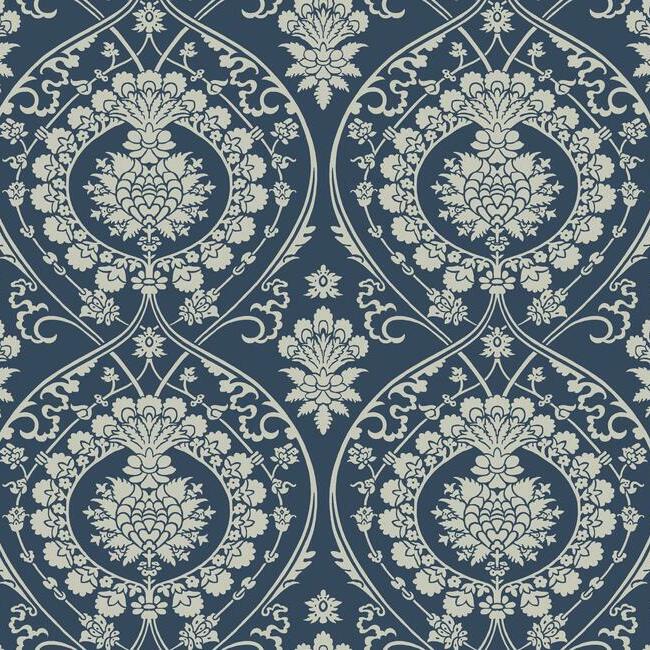 Imperial Damask Wallpaper Wallpaper York Double Roll Navy/Silver 