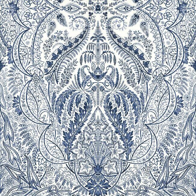 Jaipur Paisley Damask Wall Mural Wall Mural York Roll Indigo/White 
