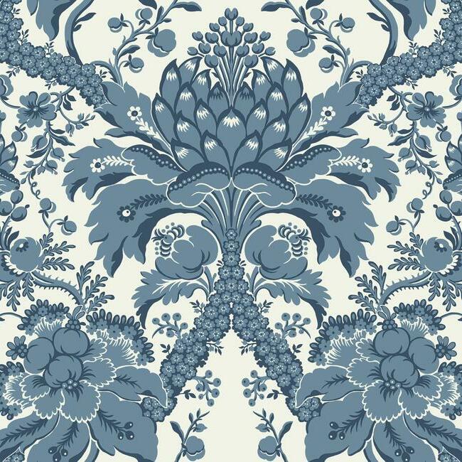 French Artichoke Damask Wallpaper Wallpaper York Double Roll Indigo 