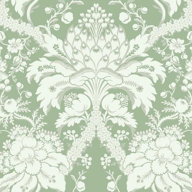 French Artichoke Damask Wallpaper Wallpaper York Double Roll Green 