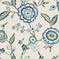 Dahlia Blooms Wallpaper Wallpaper York Double Roll Dove/Cornflower 