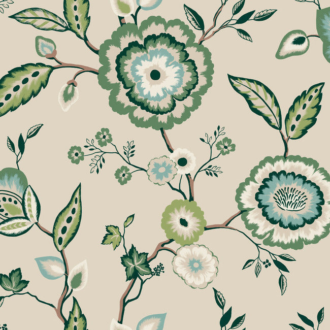 Dahlia Blooms Wallpaper Wallpaper York Double Roll Linen/Jade 