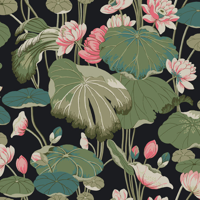 Lotus Pond Wallpaper Wallpaper York Double Roll Midnight/Flamingo 