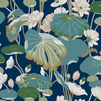 Lotus Pond Wallpaper Wallpaper York Double Roll Indigo/Gold 