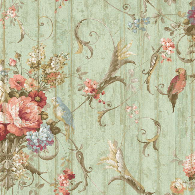 Parrots with Floral Bouquet Wallpaper Wallpaper York Double Roll  