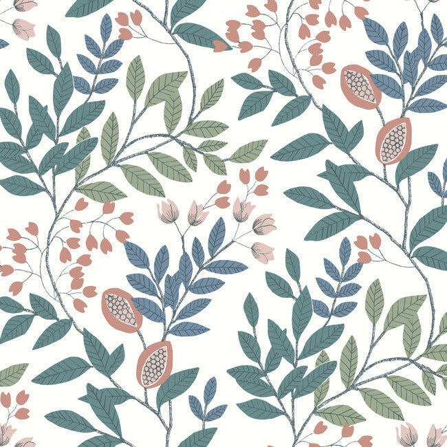 Eden Retreat Wallpaper Wallpaper York Double Roll White/Pink/Teal 