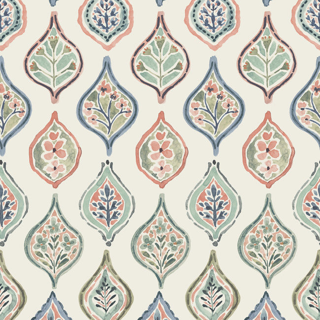Marketplace Motif Wallpaper Wallpaper York Double Roll Almond/Mint/Apricot 