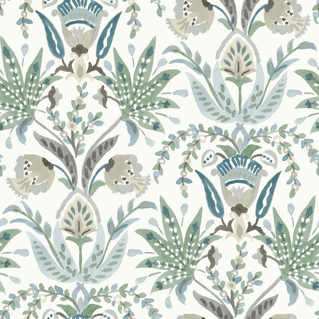 Seaside Jacobean Wallpaper Wallpaper York Double Roll White/Green/Blue 