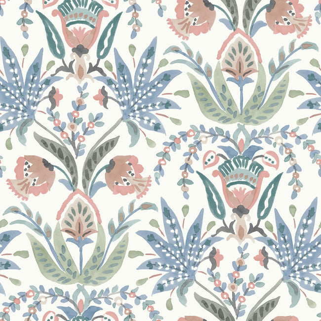 Seaside Jacobean Wallpaper Wallpaper York Double Roll White/Pink/Blue 