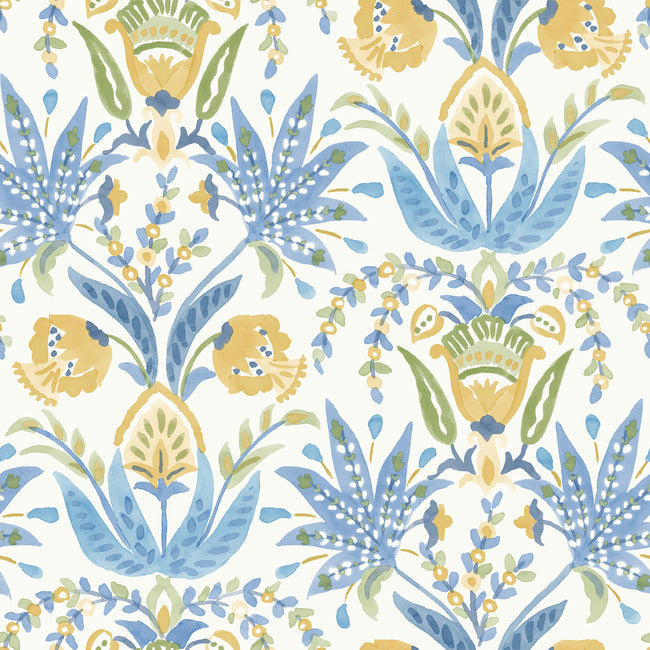 Seaside Jacobean Wallpaper Wallpaper York Double Roll White/Yellow/Blue 