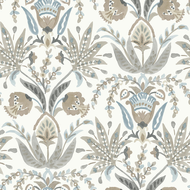 Seaside Jacobean Wallpaper Wallpaper York Double Roll White/Taupe/Blue 