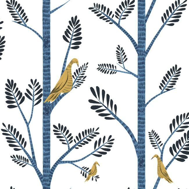 Aviary Branch Premium Peel + Stick Wallpaper Peel and Stick Wallpaper York Roll Goldfinch/Cobalt 