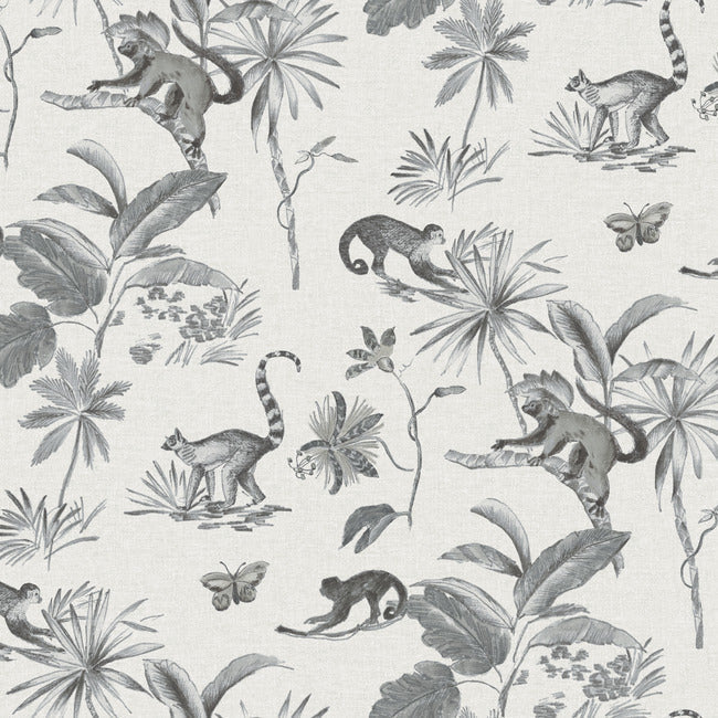 Botanicals & Lemurs Premium Peel + Stick Wallpaper Peel and Stick Wallpaper York Roll Graphite 